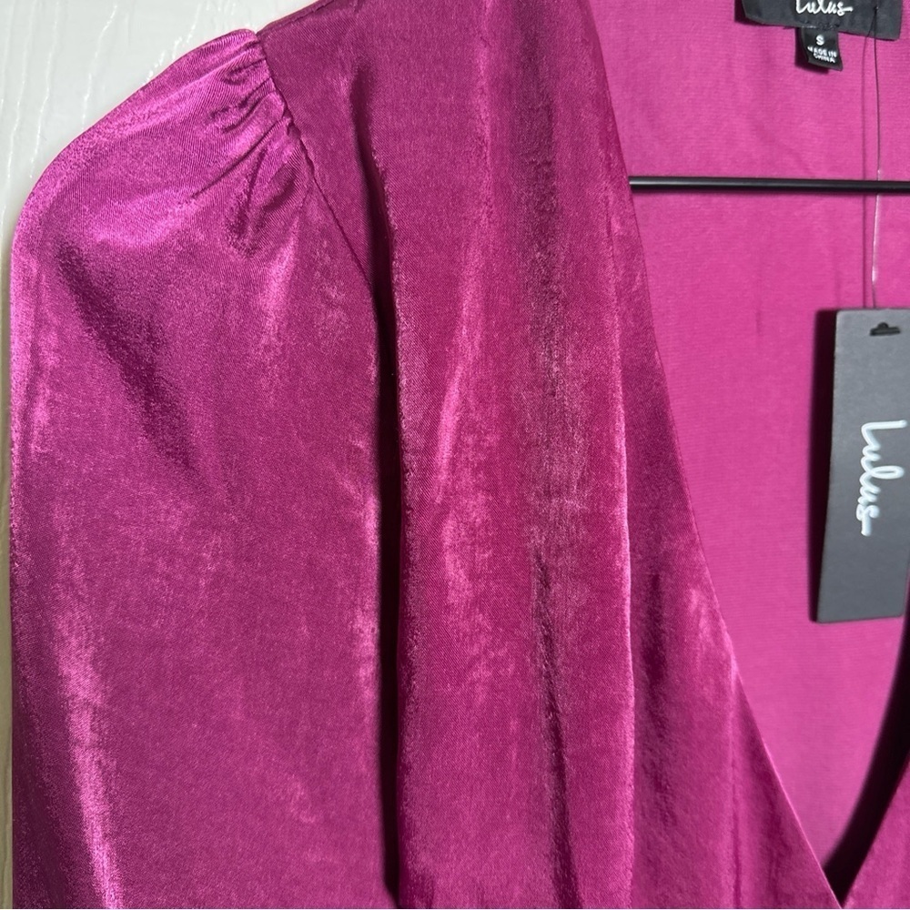 Lulus Wrap Dress Women's Small Purple Satin So Splendid Magenta Ruffled Hem New - Picture 6 of 11
